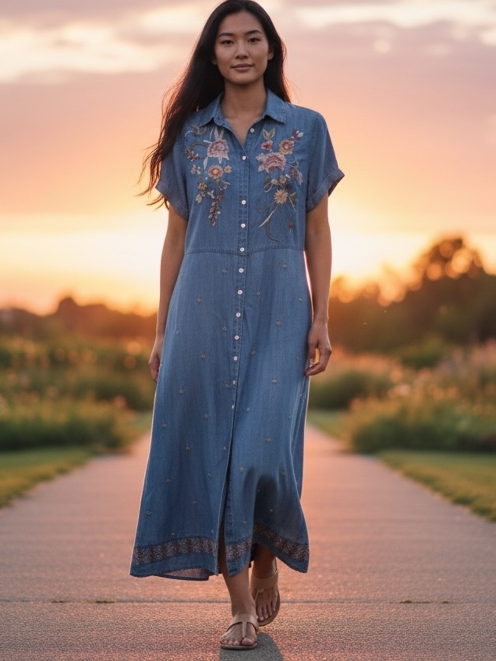Coldwater Creek Blue Denim Maxi Shirt Dress with Floral Embroidery